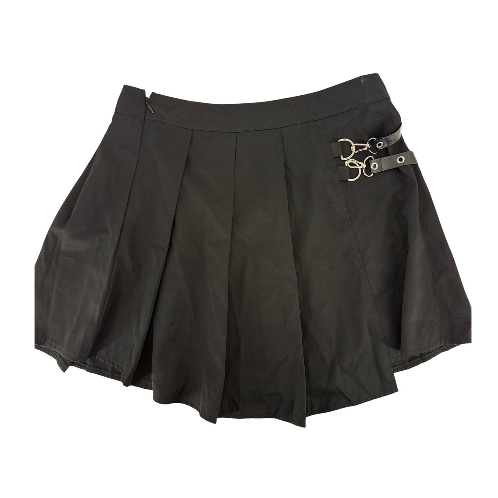 Romwe Black Pleated Mini Skirt Punk Buckle Detail Goth Academic Size L